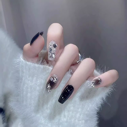 Black and Silver False Nails with Sparkling Diamonds - Set of 10